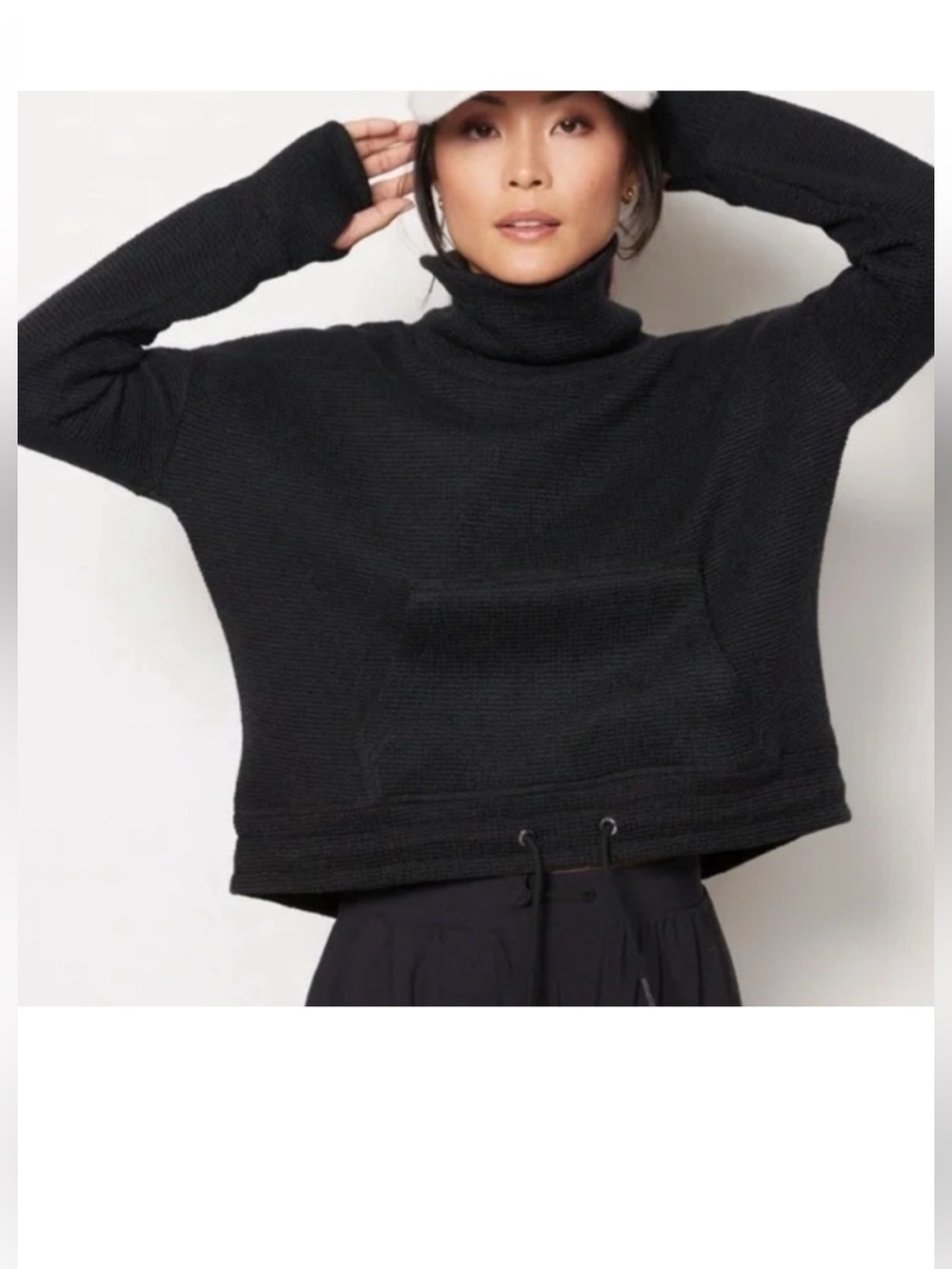 NWT: Sweaty Betty Restful Boucle Black Turtleneck Sweatshirt Sm Cotton Kangaroo